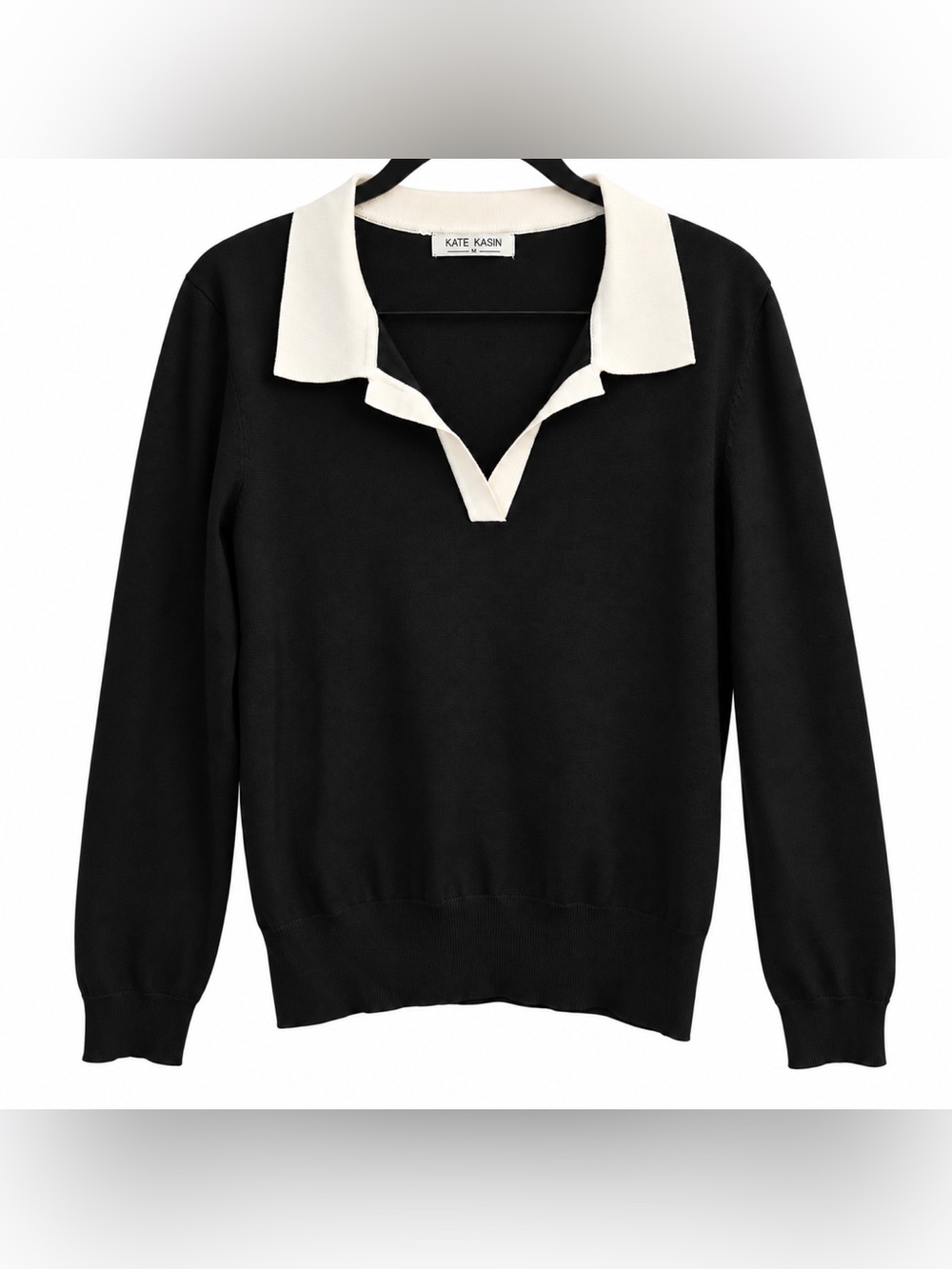 Kate Kasin Black V-Neck Sweater with Cream Contrast Collar